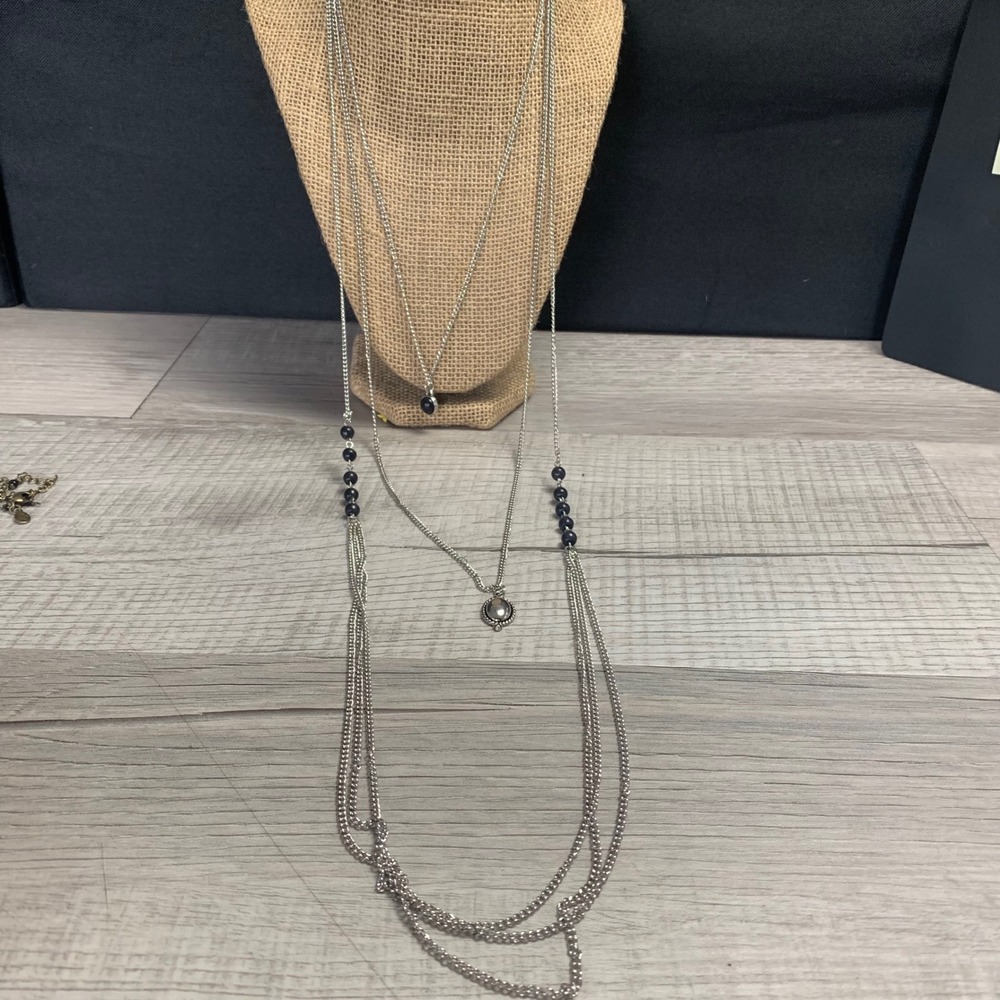 Silver Tone Multi Layer Chain Necklace Navy Blue Bead Accents 24 Inch 5310